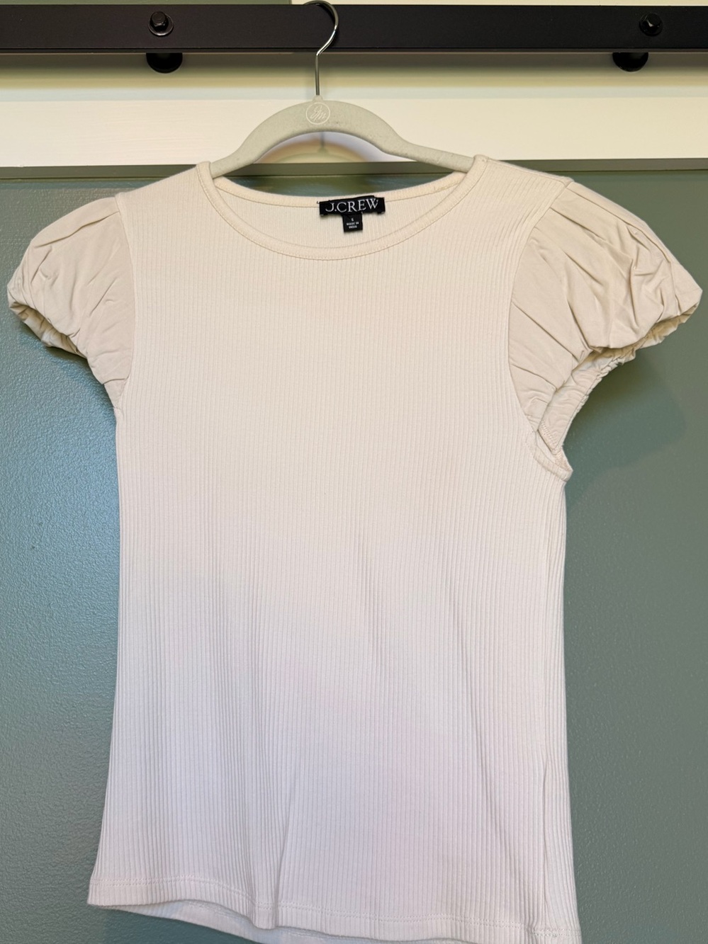 J. Crew Cream Ribbed Tee with Puff Short Sleeves XS